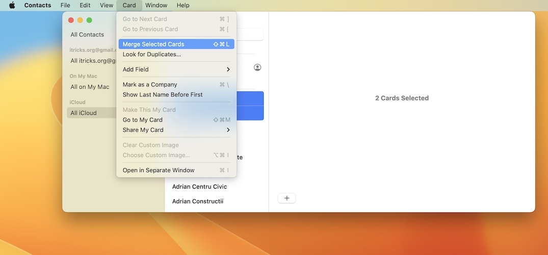 how to merge selected cards macos ventura