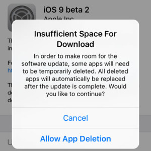 ios 9 beta 2 allow app deletion for update space