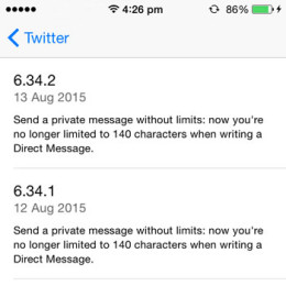 twitter message character limit ios update log