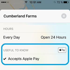Maps hit for store that accepts Apple Pay.