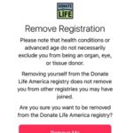 remove organ donor registration via health app