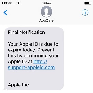 Apple ID phishing text message.