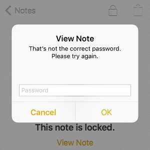 incorrect notes password warning prompt