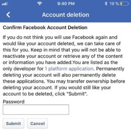 Facebook account deletion screen on iPhone.