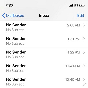 no subject, no sender mail bug screenshot