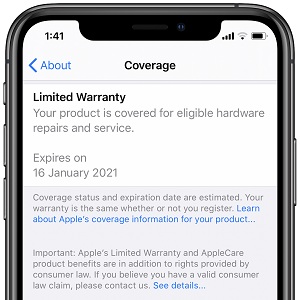 iPhone displaying Warranty status in settings menu