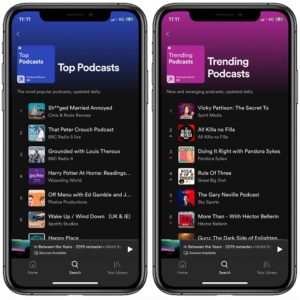 Spotify Top Podcasts & Trending Podcasts charts on iPhone