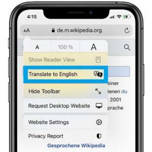 iOS 14 Safari web page Translate feature