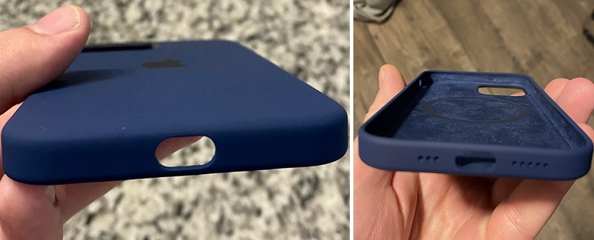 defective iPhone 12 pro case vs deep navy silicone case with speaker & microphone holes
