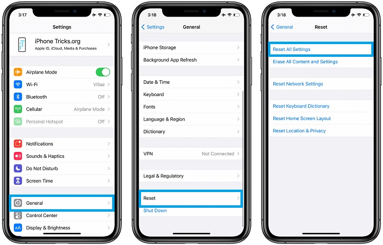 how to reset all iphone settings