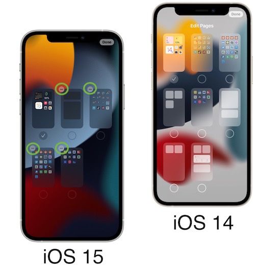 iOS 14 vs iOS 15 Edit Pages screen