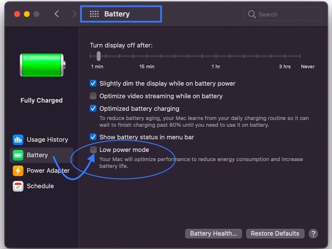 how to enable low power mode on Mac