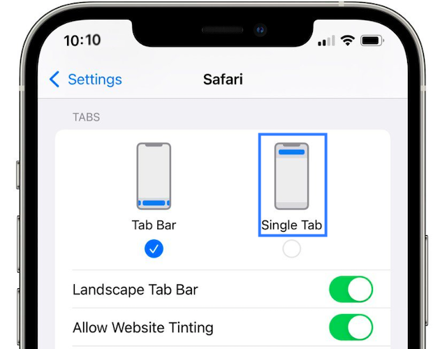 Safari Single Tab setting iOS 15