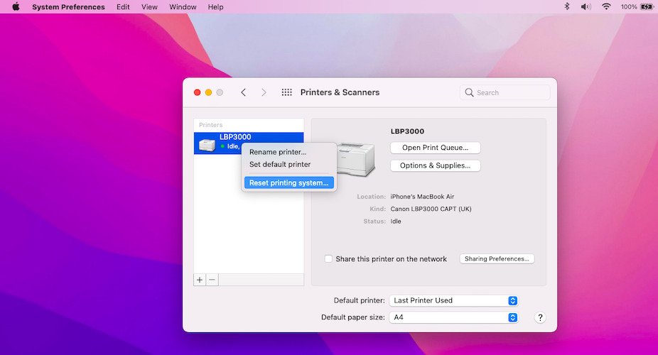 how to reset printing system in macOS