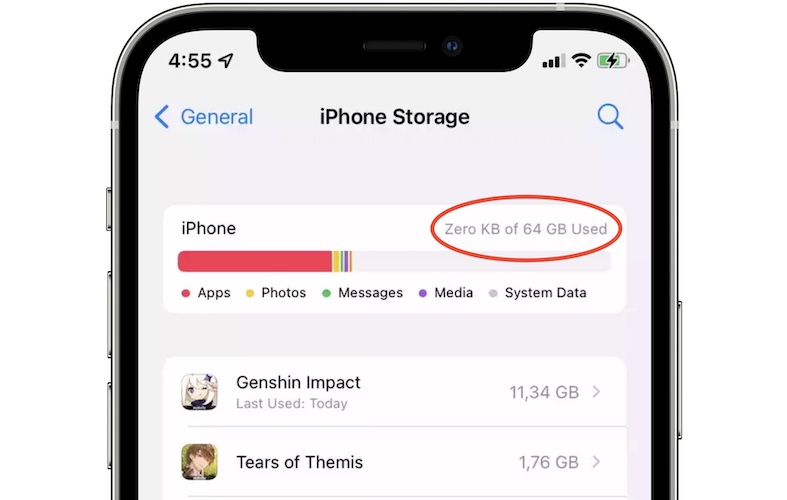 iPhone Storage showing zero KB used