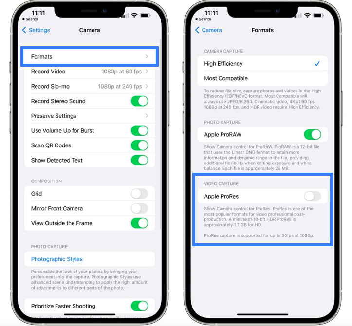 how to enable Apple ProRes in iOS 15.1