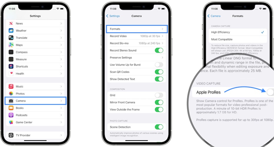how to enable ProRes in iOS 15.1