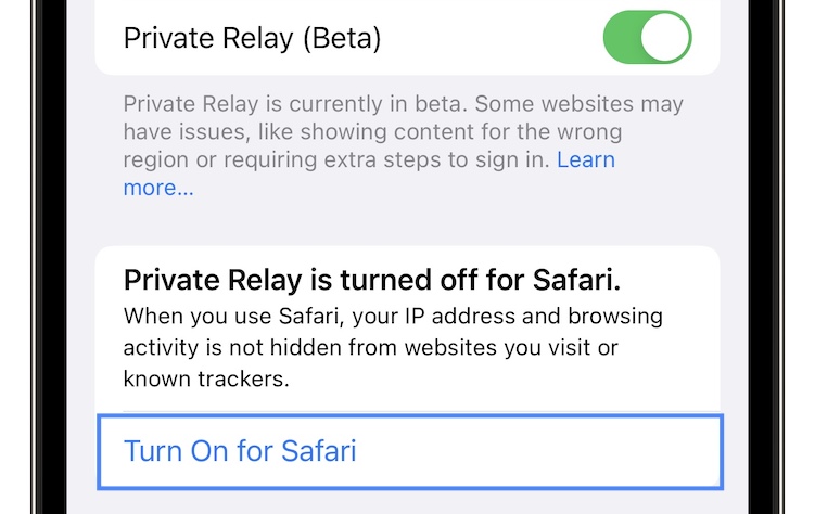 private relay is turned off for Safari