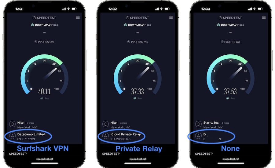 VPN vs Private Relay vs None speed test comparison