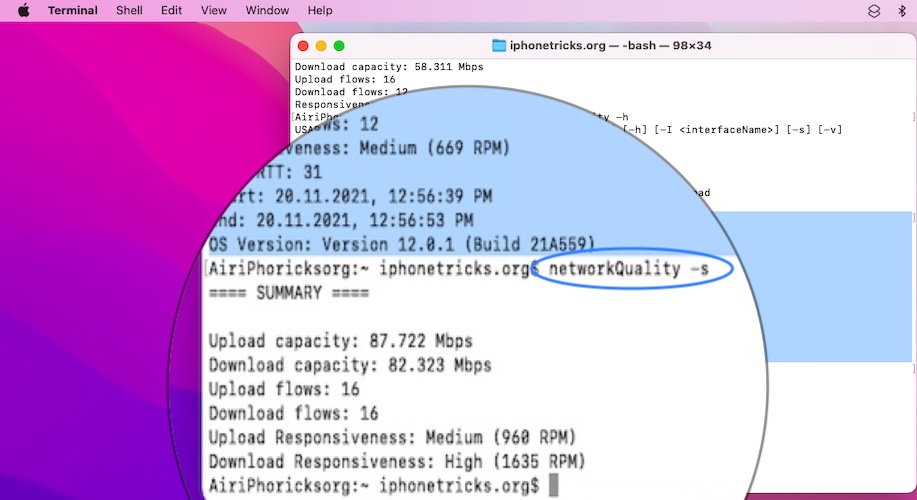 macbook internet speed test in terminal