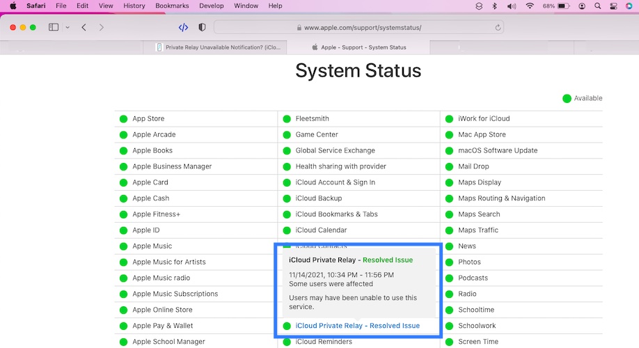 apple system status page reporting properly