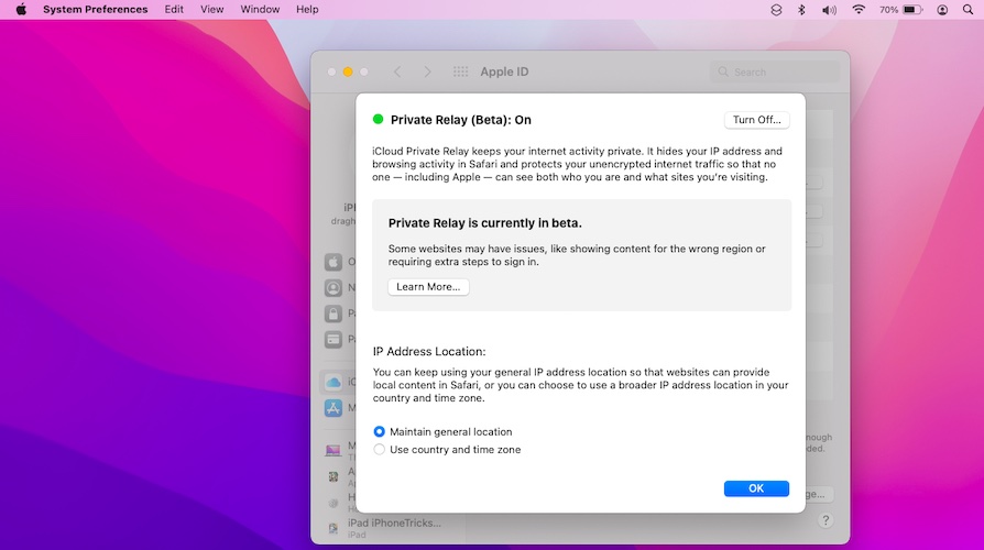 private relay turned On in macOS Monterey