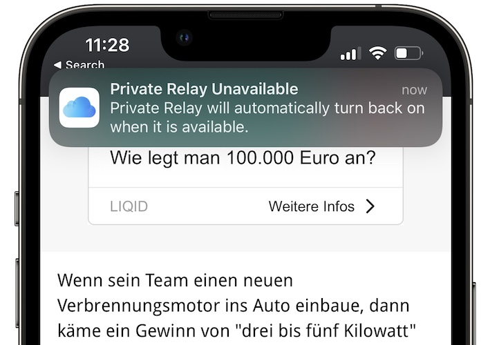 private relay unavailable notification