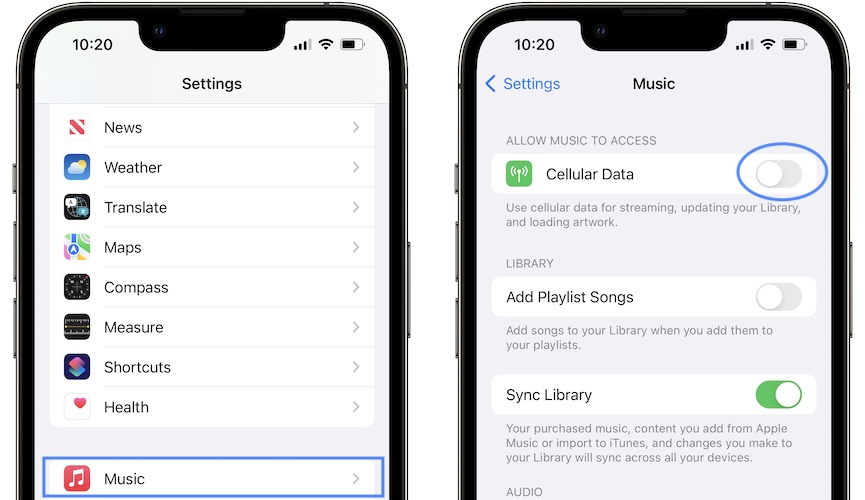 turn on cellular data for Apple Music