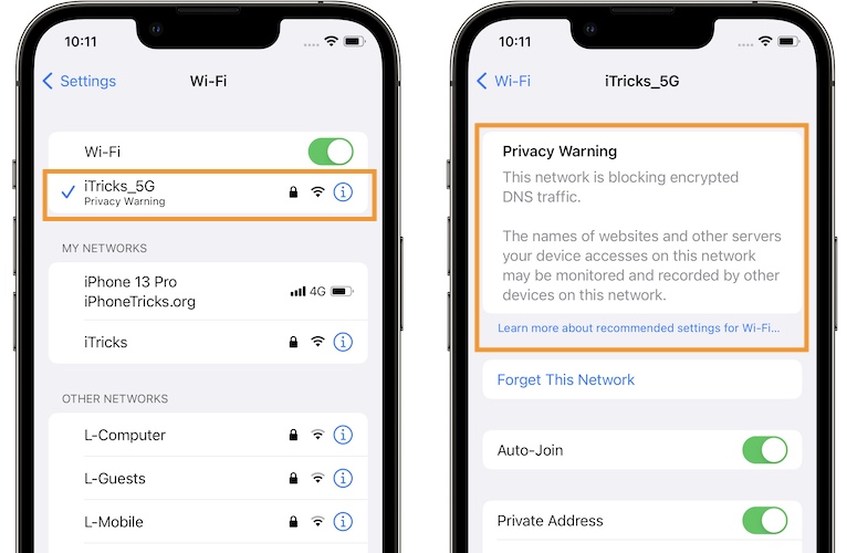 wifi privacy warning on iphone