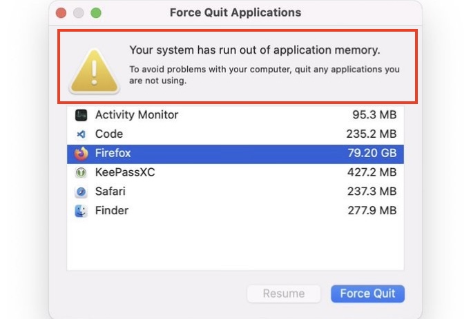your system has run out of application memory warning