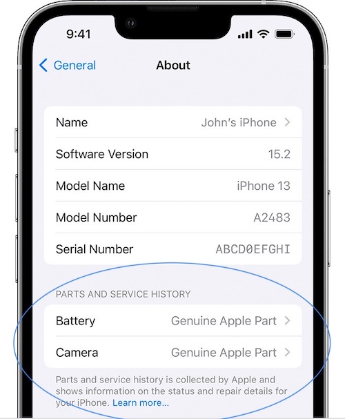 Parts And Service History in iOS 15.2
