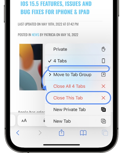 Safari close this tab option relocated in iOS 15.5