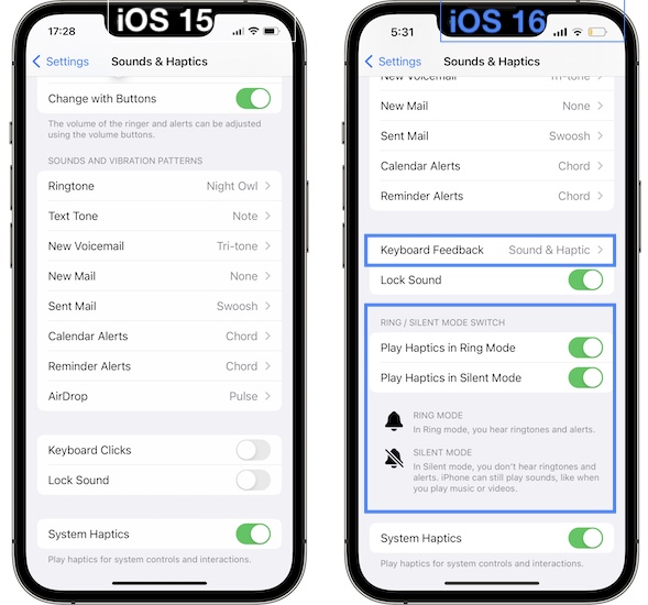 sounds & haptics iOS 15 vs iOS 16