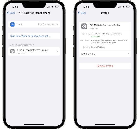 remove iOS 16 Beta profile