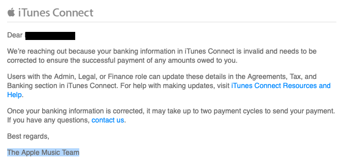 itunes connect banking email error
