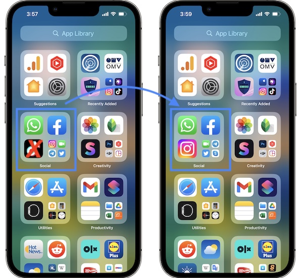 App Library before and after customization