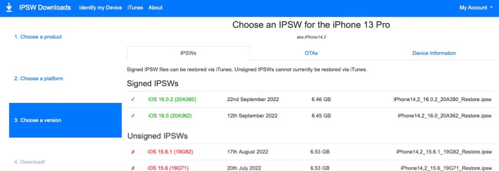 iOS 15.7 signed ipsws not available