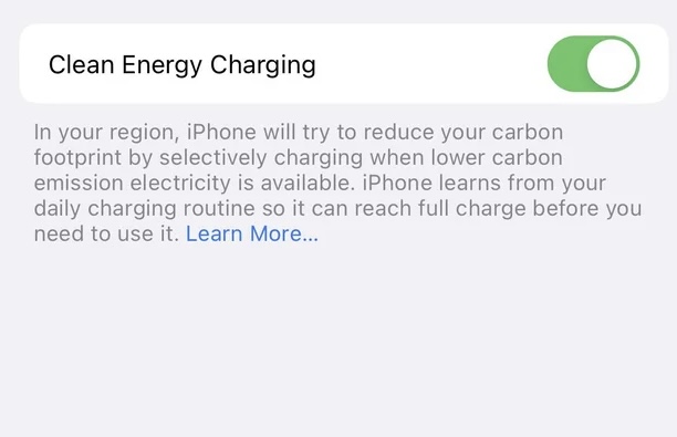 iOS 16.1 clean energy charging option