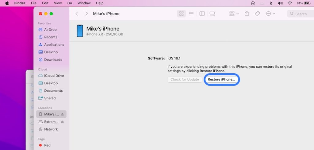 restore iphone finder macOS Monterey