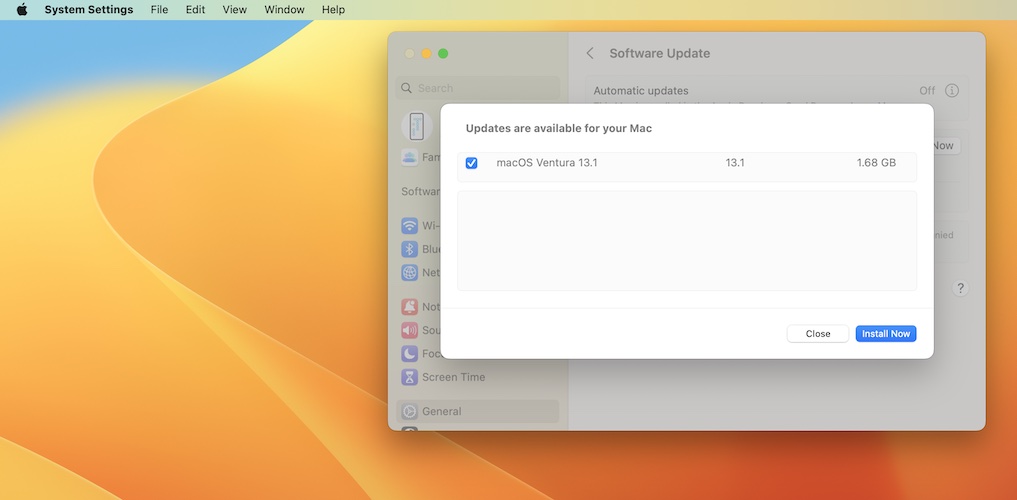 macOS Ventura 13.1 update