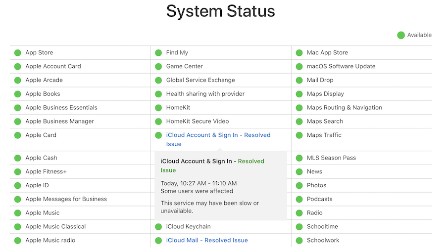 apple id issue system status