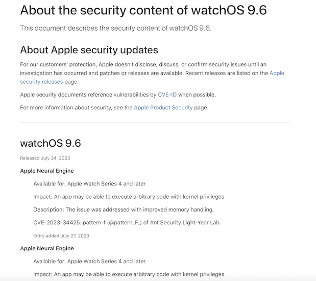 watchOS 9.6 security updates