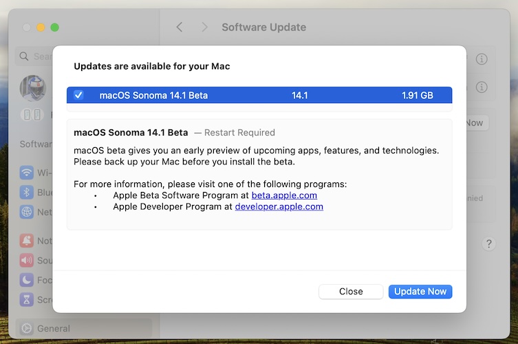 macOS Sonoma 14.1 beta update