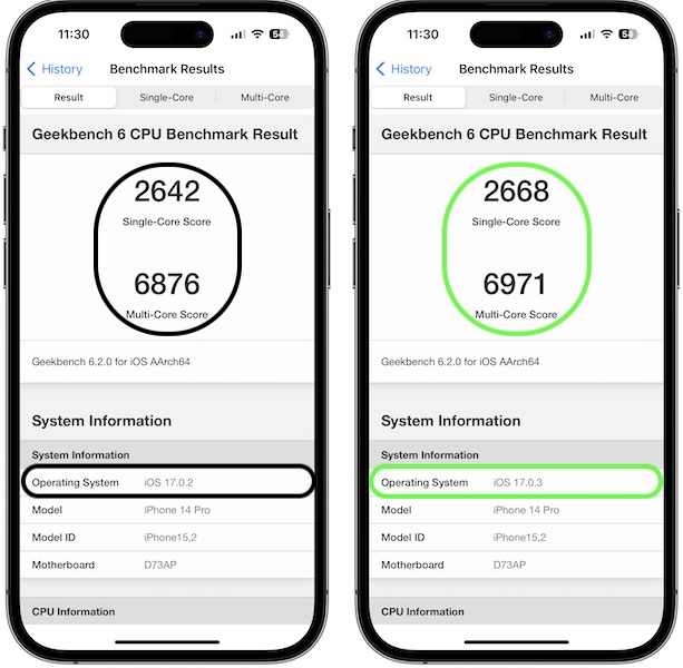 iOS 17.0.3 vs 17.0.2 cpu benchmark results
