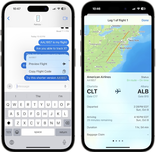preview flight imessage feature